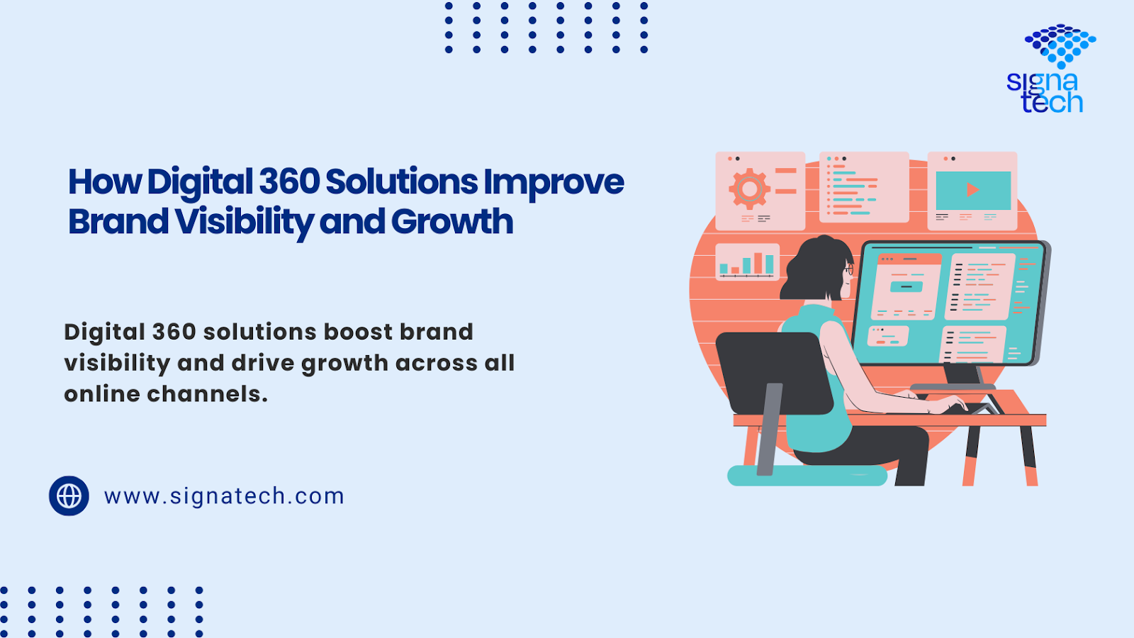 Illustration of a person working on a computer, representing Digital 360 solutions boosting brand visibility and online growth
