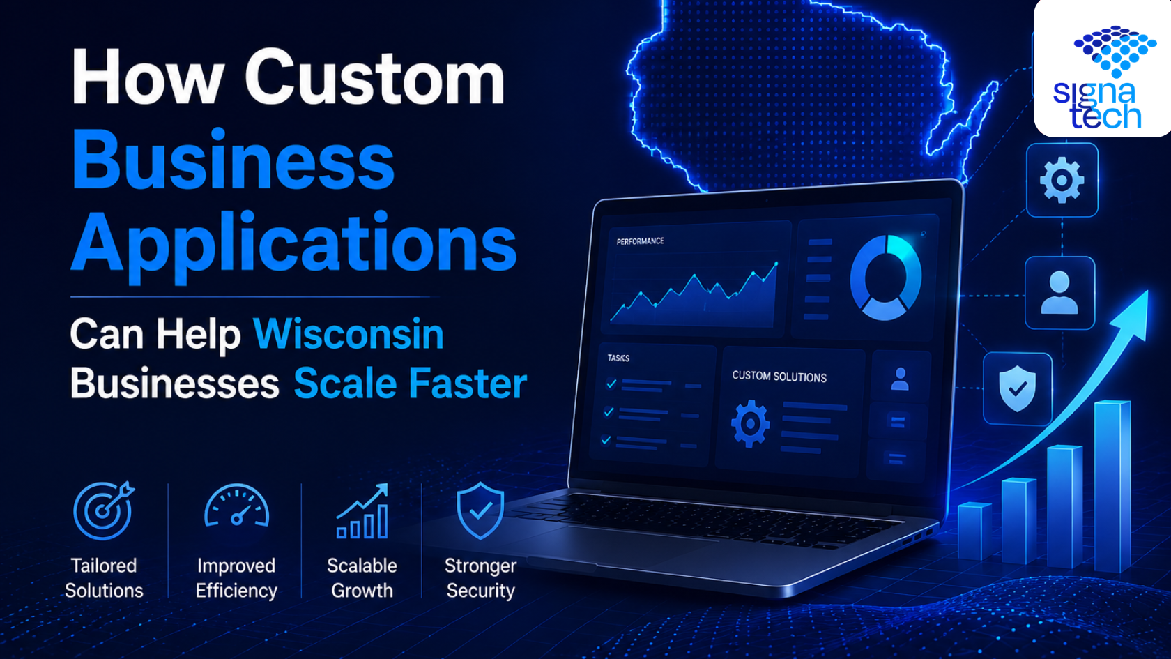 Custom business application dashboard on a laptop with analytics, performance charts, and workflow tools, highlighting scalable growth, security, and efficiency for Wisconsin businesses with SignaTech branding.