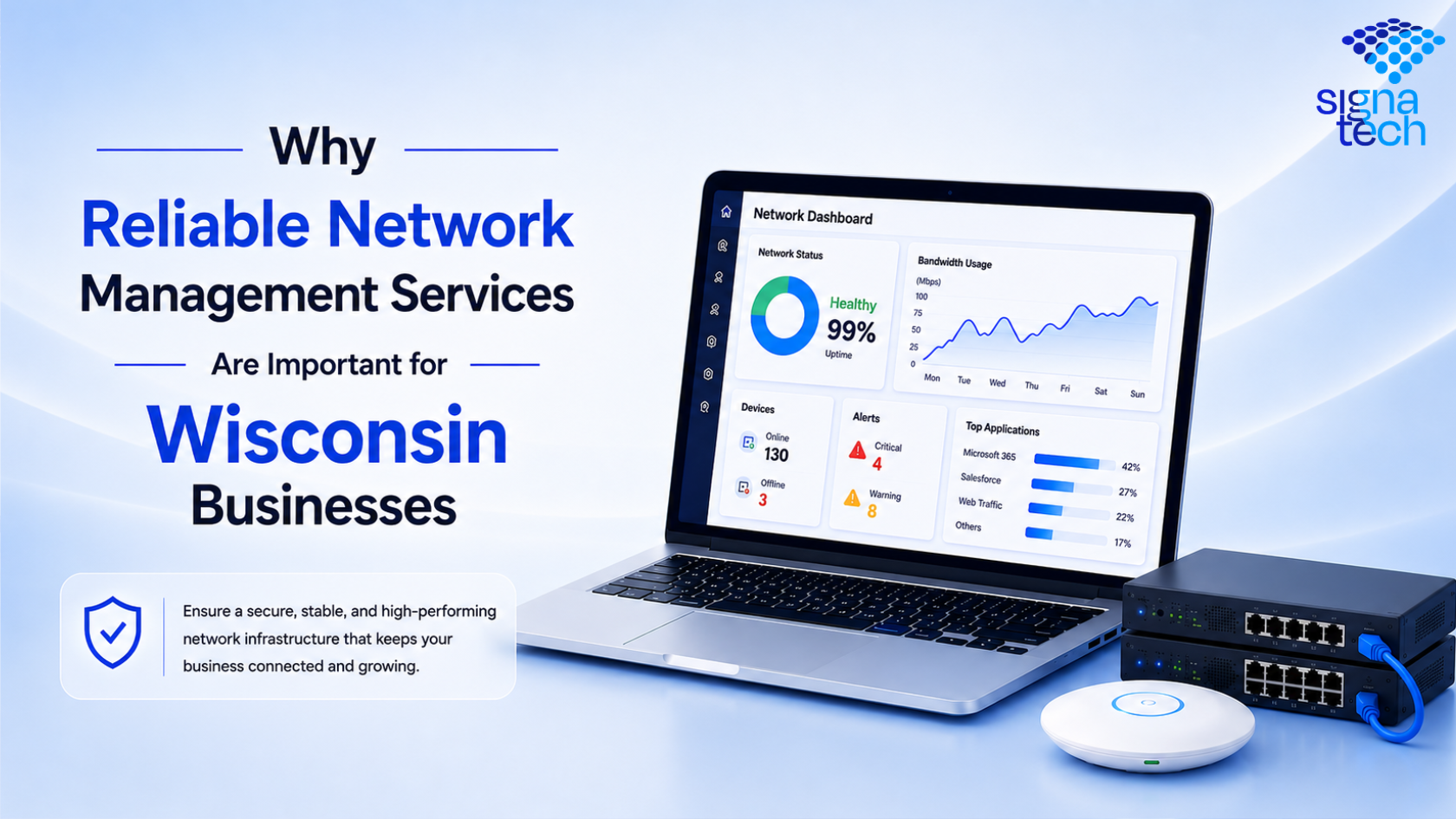 Network management dashboard displayed on a laptop with networking equipment, highlighting reliable network management services for Wisconsin businesses.