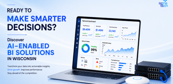 AI-powered business intelligence dashboard displaying real-time analytics, predictive forecasting, KPI tracking, data visualisation, automated reporting, and intelligent alerts.